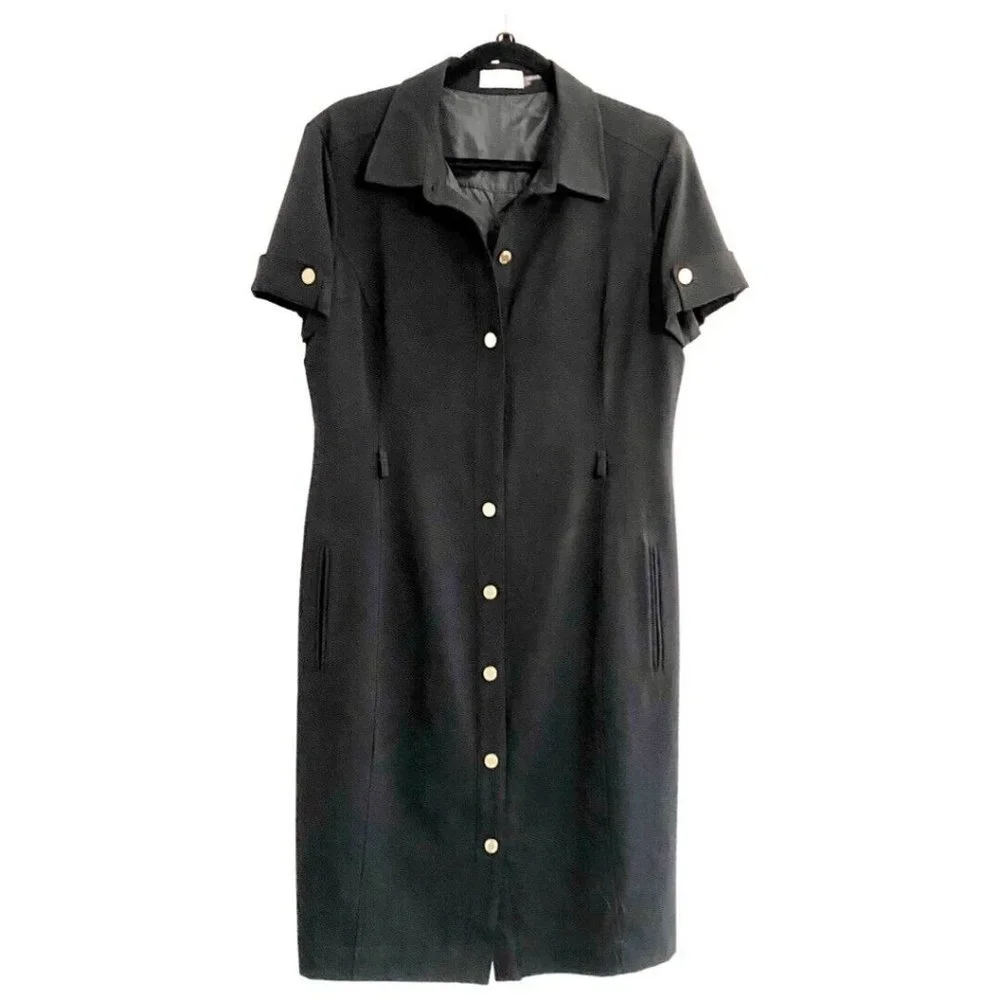 Calvin Klein Short Sleeve Collard Snap From Obsidian Black Shirt Dress Size 12 - Picture 4 of 6
